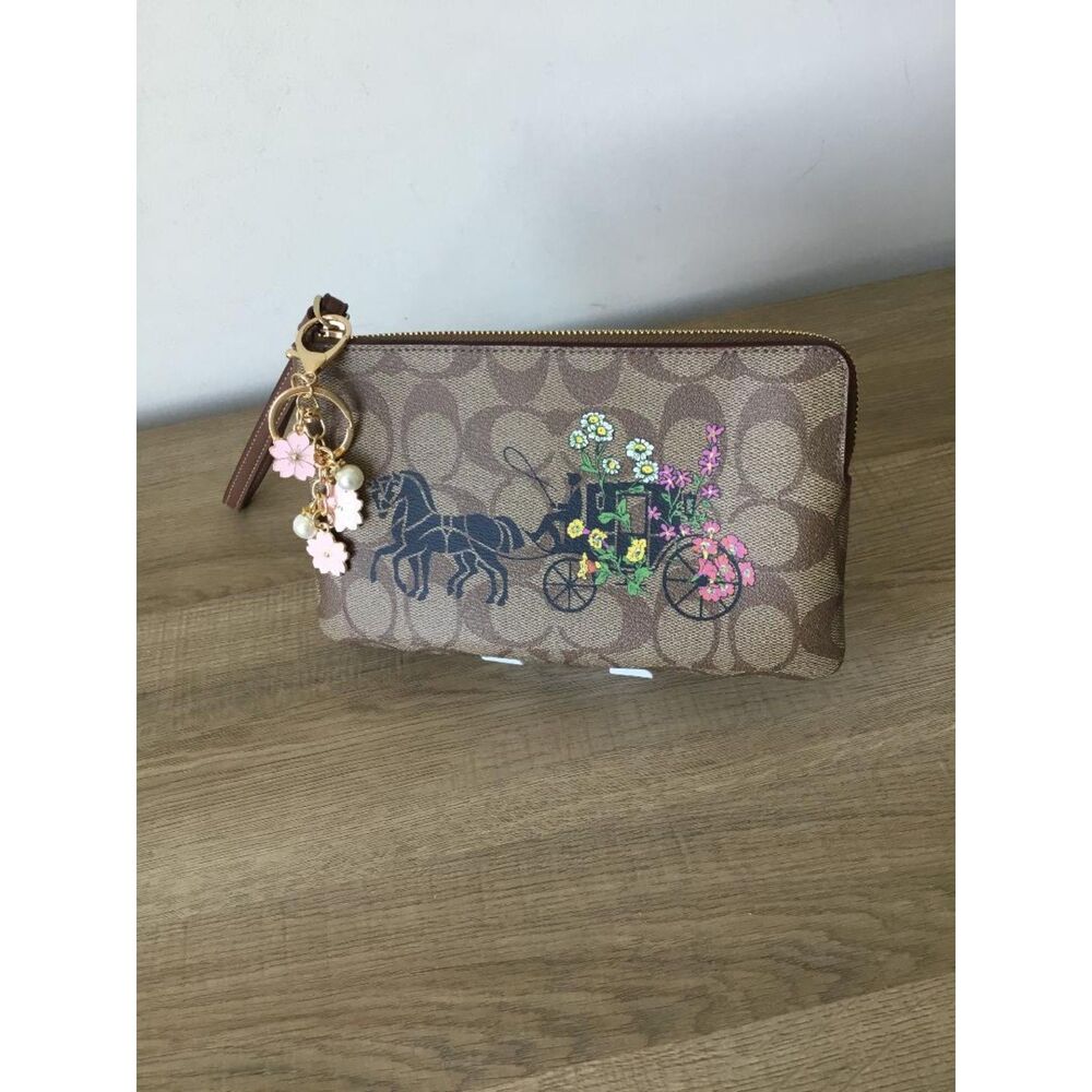Coach Horse and Carriage Floral Print Signature Canvas Zip Wristlet & Bag Charm